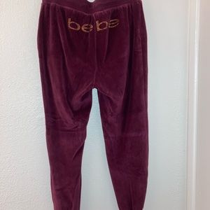 Burgundy and gold rhinestone bebe velour tracksuit sweatpants